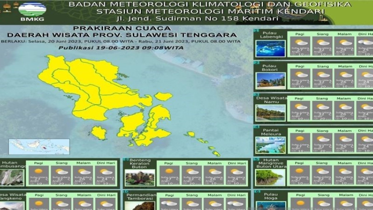 BMKG Kendari memprakirakan hampir semua wilayah Sulawesi Tenggara (Sultra) sudah cerah berawan kecuali wilayah Kabupaten Kolaka Utara (Kolut) berpotensi hujan masih ringan. (ANTARA-BMKG Kendari)