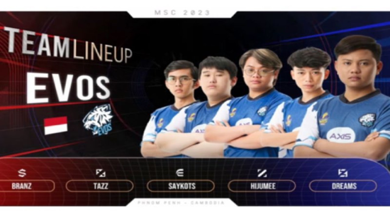 Tangkap layar roster Evos Legends dalam pertandingan kedua fase grup MSC 2023 melawan tim asal Singapura RSG Slate, yang berlangsung di Phnom Penh, Kamboja, Senin (12/6/2023). (ANTARA/Arindra Meodia/youtube.com/MLBB Esports)