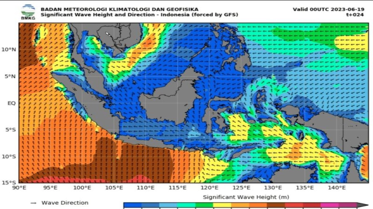 Peta potensi gelombang tinggi yang dirilis oleh Badan Meteorologi, Klimatologi, dan Geofisika (BMKG) pada Senin (19/6/2023). (ANTARA/HO-BMKG)