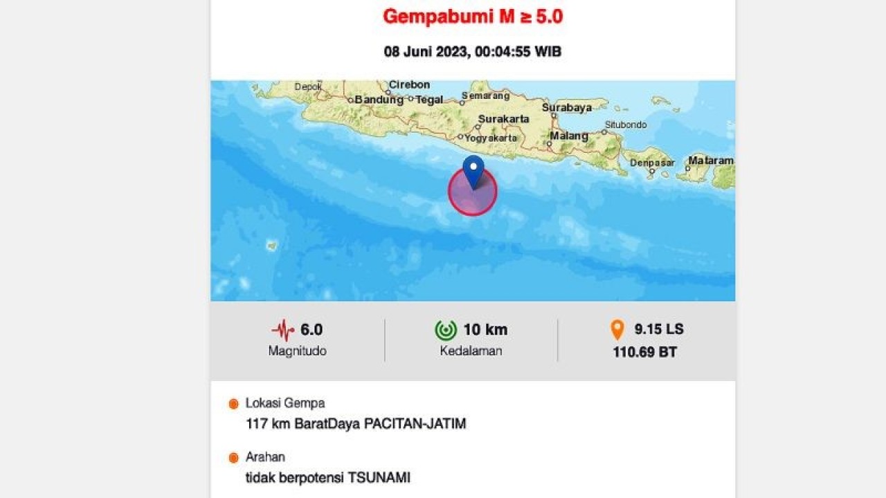 Tangkapan layar laman BMKG yang mencatat terjadinya gempa bumi tektonik magnitudo 6,0 di Selatan Jawa, Daerah Istimewa Yogyakarta, Kamis (8/6). (ANTARA/Ahmad Faishal)