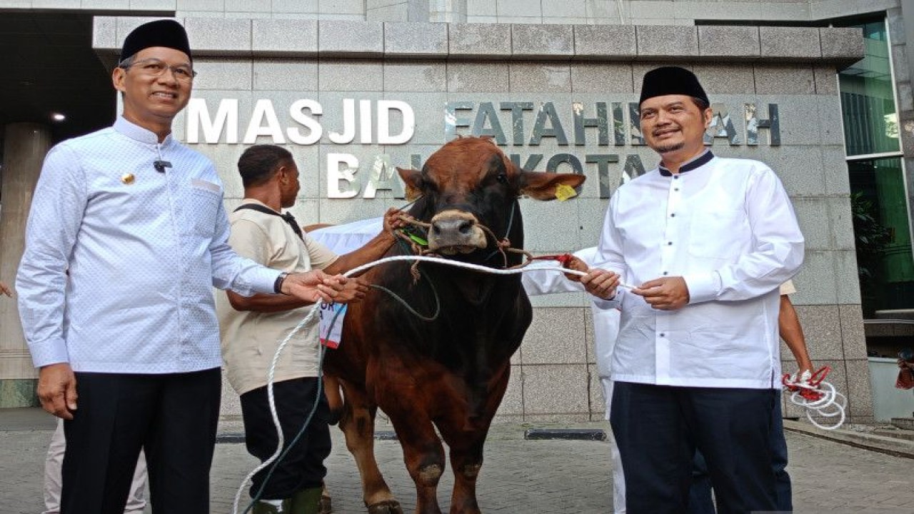 Penjabat (Pj) Gubernur DKI Jakarta Heru Budi Hartono menyerahkan sapi limosin seberat 1 ton kepada panitia kurban Pemerintah Provinsi (Pemprov) DKI Jakarta di Balai Kota DKI, Jakarta Pusat, Kamis (29/6/2023). ANTARA/Siti Nurhaliza