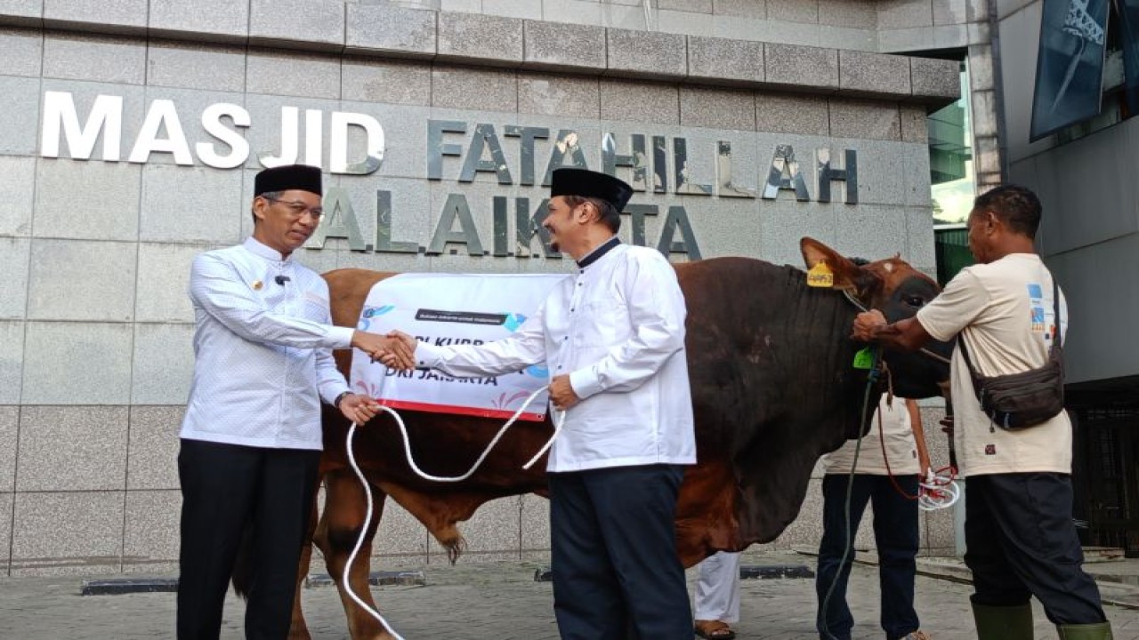 Penjabat (Pj) Gubernur DKI Jakarta Heru Budi Hartono saat menyerahkan sapi limosin seberat satu ton kepada panitia kurban Pemerintah Provinsi DKI Jakarta di Balai Kota DKI, Jakarta Pusat, Kamis (29/6/2023). ANTARA/Siti Nurhaliza