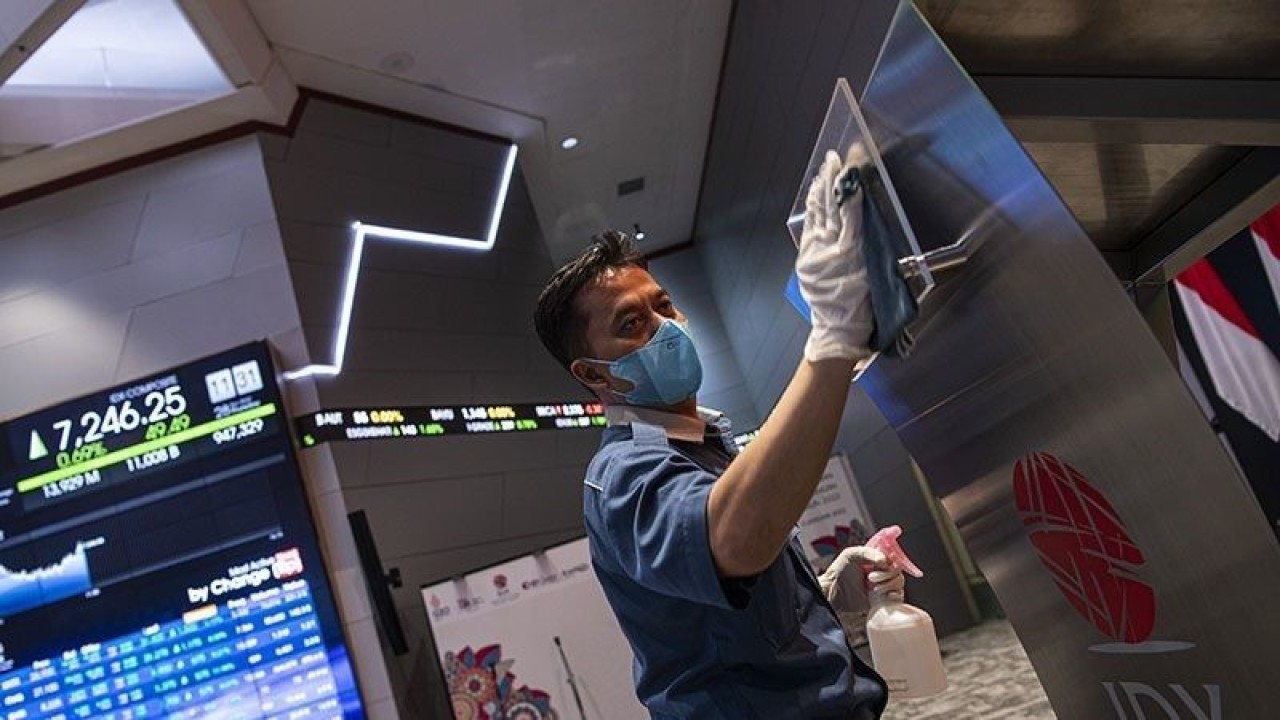 Pekerja membersihkan podium berlatar belakang layar pergerakan indeks harga saham gabungan (IHSG) di Bursa Efek Indonesia, Jakarta, Kamis (28/4/2022). (ANTARA FOTO/Sigid Kurniawan/tom/pri.)