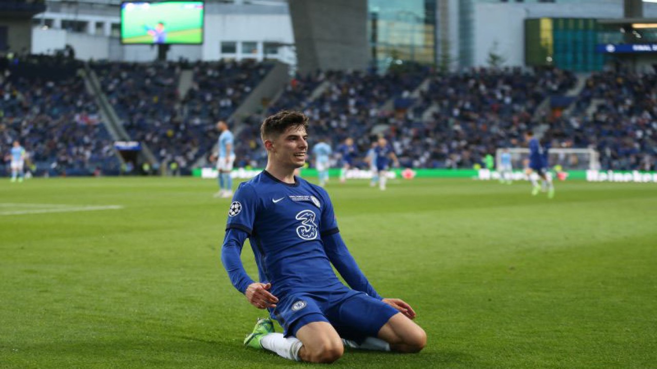 Selebrasi Kai Havertz setelah mencetak gol kemenangan Chelsea di partai final Liga Champions 2021 lawan Manchester City di Dragao stadium, Porto pada 29 Mei 2021. ANTARA/AFP/JOSE COELHO