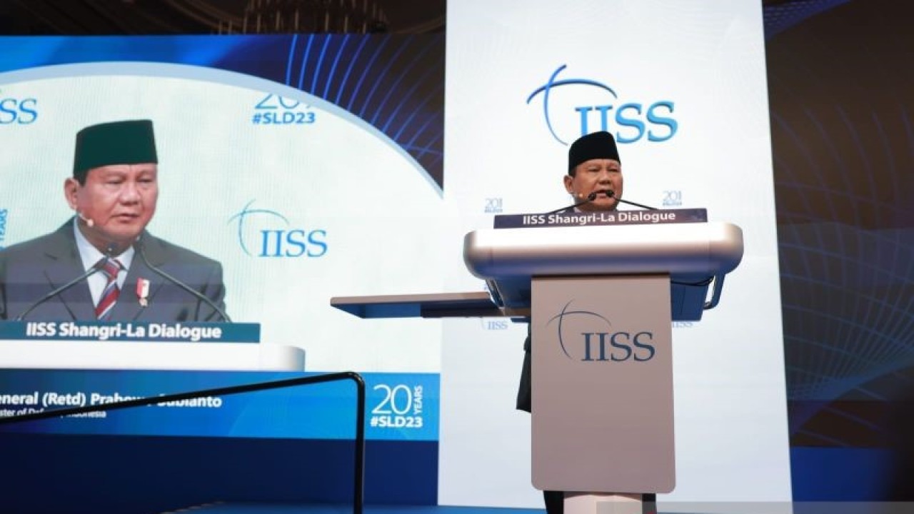 Menteri Pertahanan RI Prabowo Subianto di International Institute for Strategic Studies (IISS) Shangri-La Dialogue 20th Asia Security Summit, Singapura, Sabtu (3/6/2023). ANTARA/HO-Tim Media Prabowo Subianto