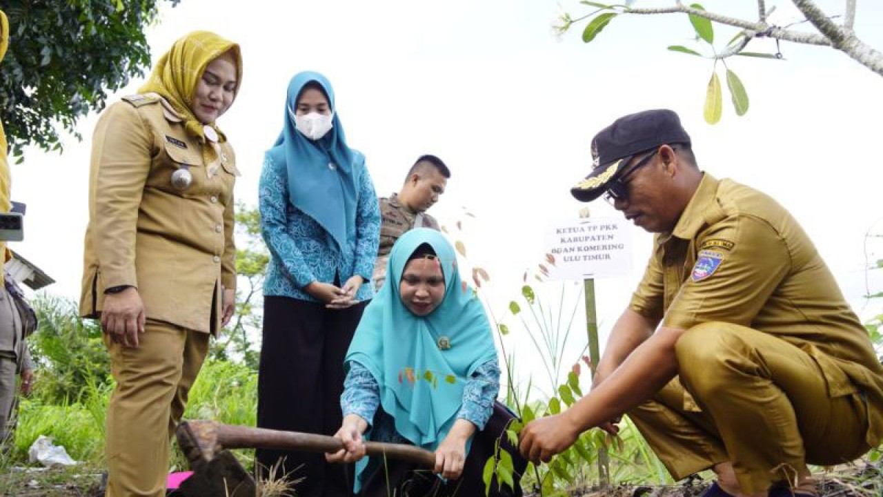 Dinas Lingkungan Hidup OKU Timur menanam pohon di Desa Sabahlioh dalam rangkaian Hari Kesatuan Gerak (HKG) PKK ke-51 tahun 2023, Rabu (14/6/2023). (FOTO ANTARA/Edo Purmana)