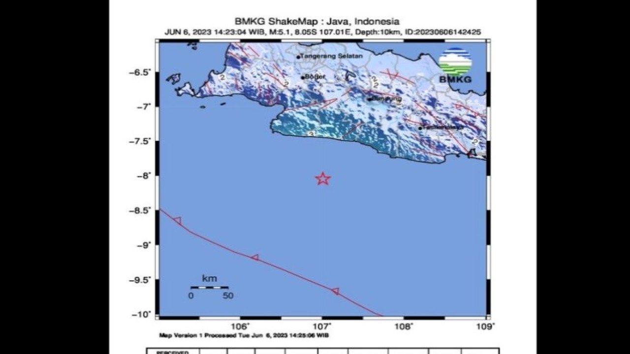 Peta pusat gempa berlokasi di laut magnitudo 5,1 pada jarak 126 km tenggara Sukabumi, Jawa Barat, Selasa (6/6/2023). (ANTARA/HO-BMKG)