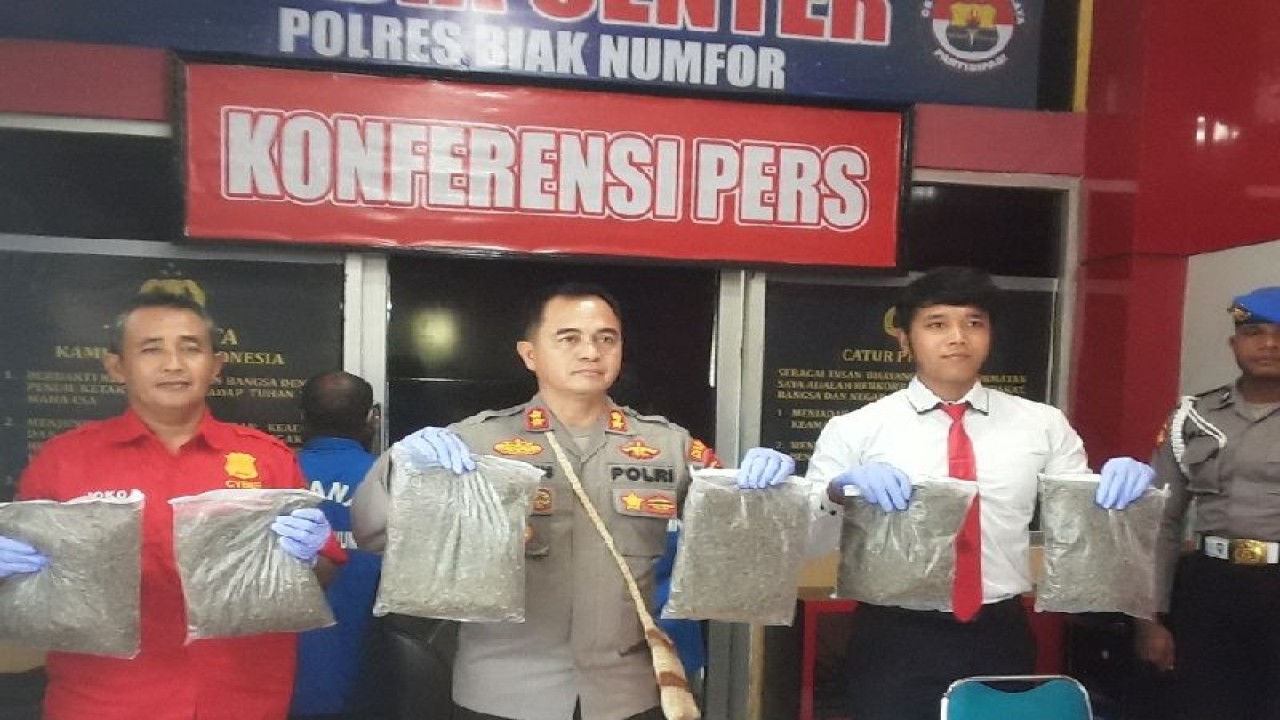 Kapolres Biak Numfor AKBP Damianus Dedy Susanto S.Ik,MH didampingi Kasat Narkoba Kasat Narkoba IPTU Muhammad Indra Prakoso dan Kasi Humas IPDA Joko S memperlihatkan barang bukti narkotika jenis ganja satu kilogram. (ANTARA/Muhsidin)