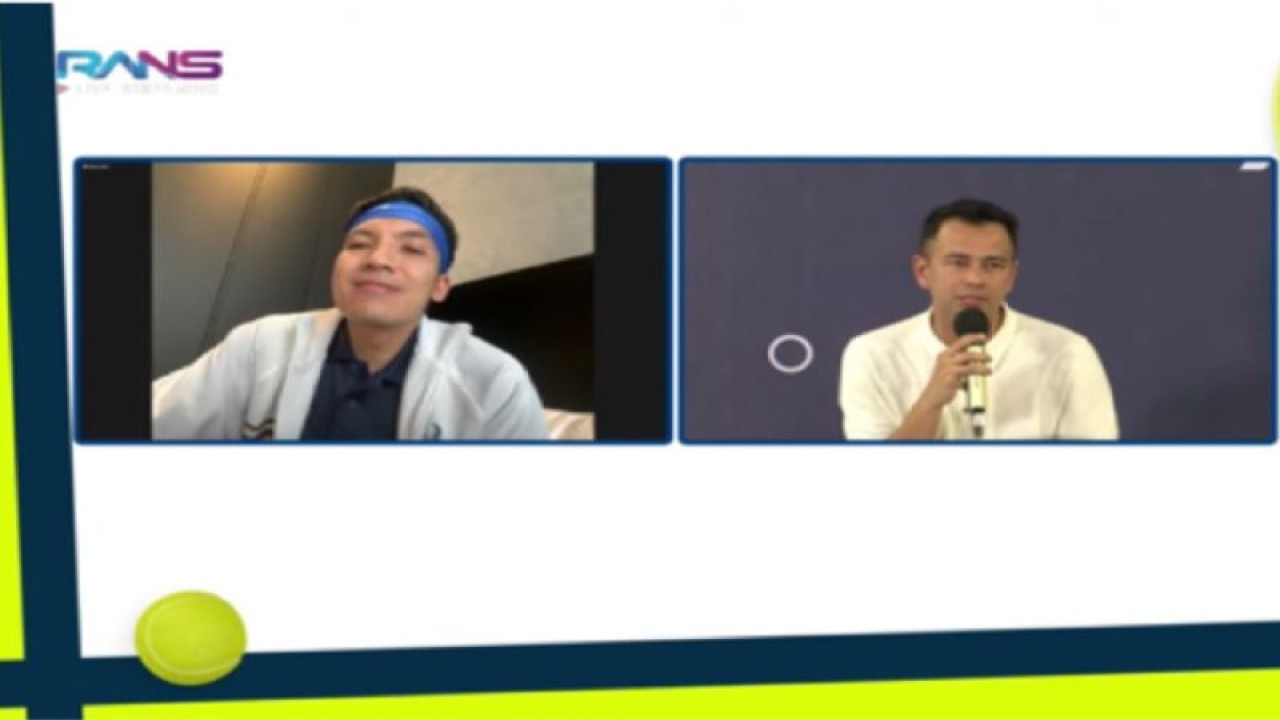 Tangkap layar Raffi Ahmad (kanan) bersama Desta (kiri) dalam konferensi pers daring pengumuman ajang olahraga berbalut hiburan atau sportainment, Sabtu (3/6/2023). (ANTARA/Arindra Meodia/Youtube-RANS Entertainment)
