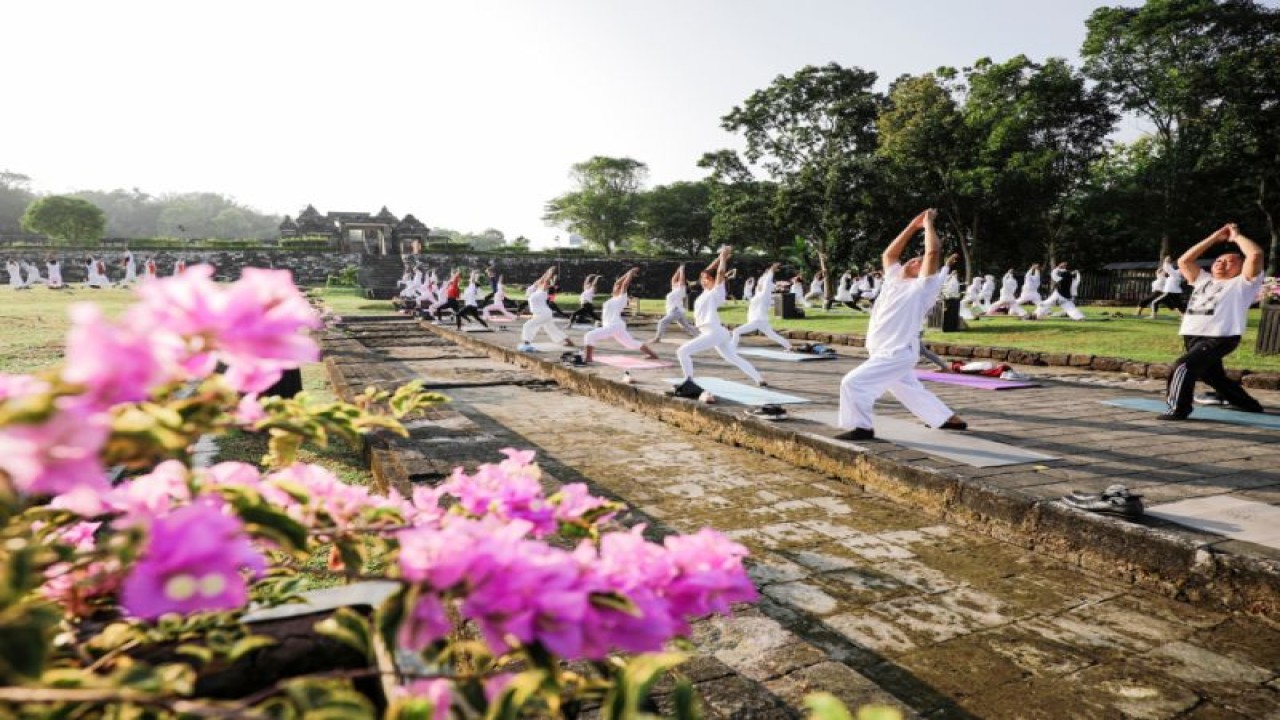 PT TWC Borobudur, Prambanan dan Ratu Boko menyelenggarakan Dharma Yoga di kawasan Taman Wisata Keraton Ratu Boko, Prambanan, Sleman dalam rangka perayaan International Yoga Day, Rabu (21/6/2023). ANTARA/HO-PT TWC