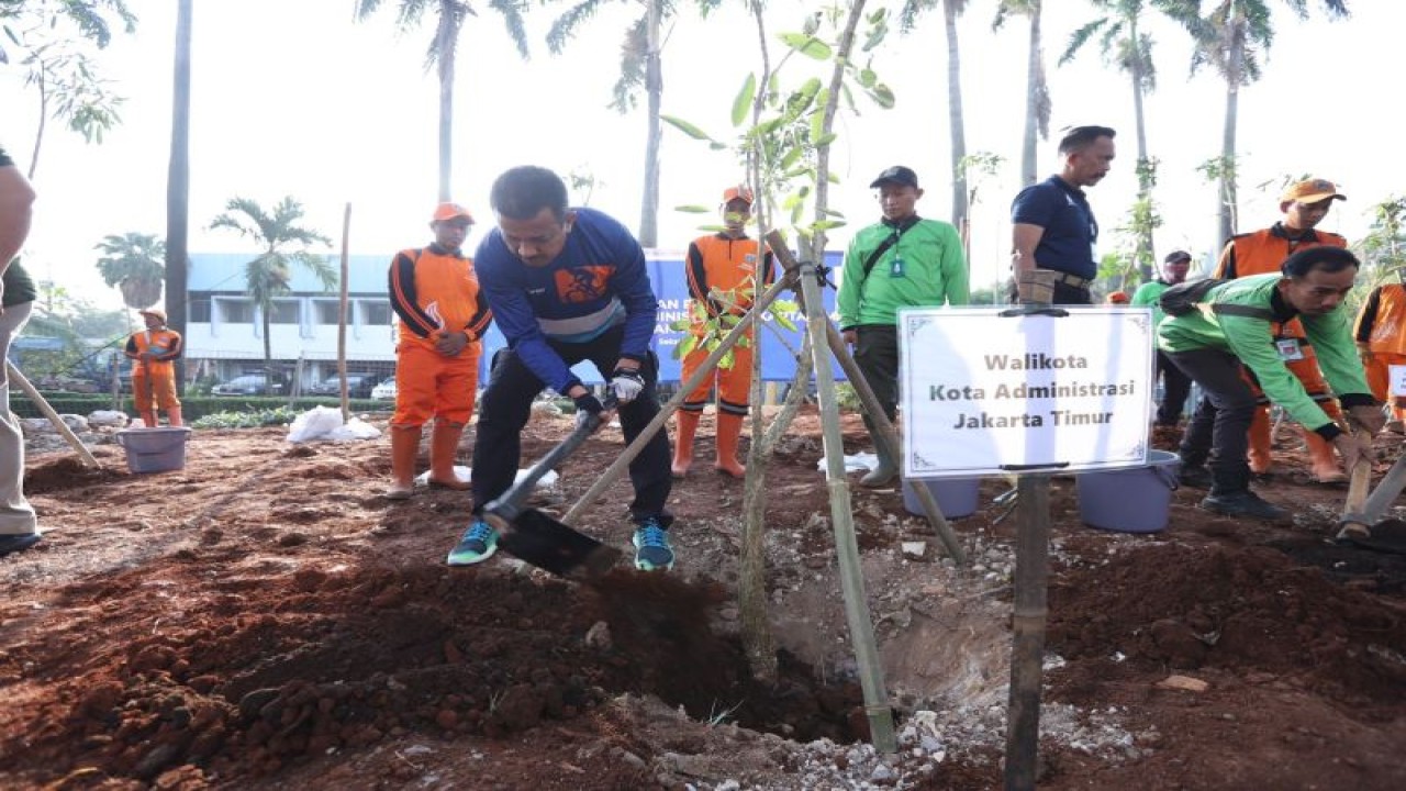 Wali Kota Administrasi Jakarta Timur Muhammad Anwar saat menanam pohon yang bekerja sama dengan PAM Jaya di Jalan DI Panjaitan, Kelurahan Cipinang Besar Selatan, Kecamatan Jatinegara, Jakarta Timur, Selasa (13/6/2023). ANTARA/HO-Kominfotik Jakarta Timur