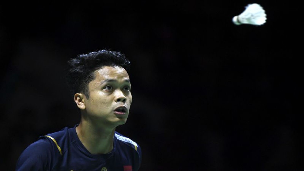 Pebulu tangkis tunggal putra Indonesia Anthony Sinisuka Ginting melihat kok saat melawan pebulu tangkis tunggal putra China Li Shi Feng dalam babak semifinal Indonesia Open 2023 di Istora Senayan, Jakarta, Sabtu (17/6/2023). Ginting melaju ke final Indonesia Open usai kalahkan Li Shi Feng dalam dua gim langsung (21-17, 21-15). ANTARA FOTO/M Risyal Hidayat/nz (ANTARA FOTO/M RISYAL HIDAYAT)