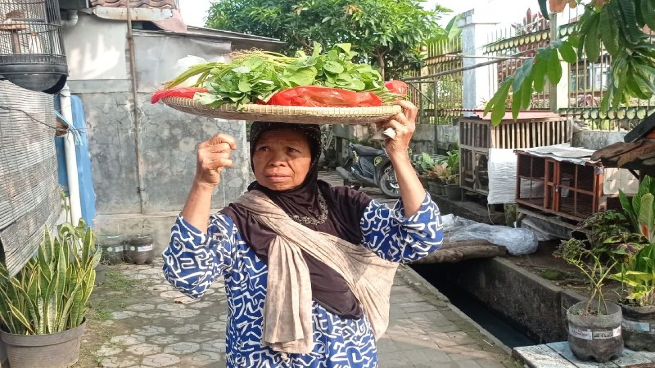 Seorang pedagang sayuran di Kabupaten Lebak berkeliling masuk kampung keluar kampung di Kota Rangkasbitung guna mengatasi kemiskinan dan kesulitan pangan. ANTARA/Mansyur Suryana