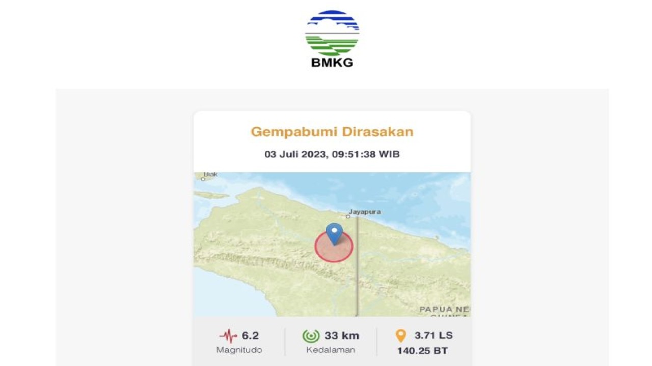 Tangkapan layar gempa berkekuatan magnitudo 6,2 di Keerom, Papua, Senin (3/7/2023). (ANTARA/Twitter/@infoBMKG/AstridFaidlatulHabibah)