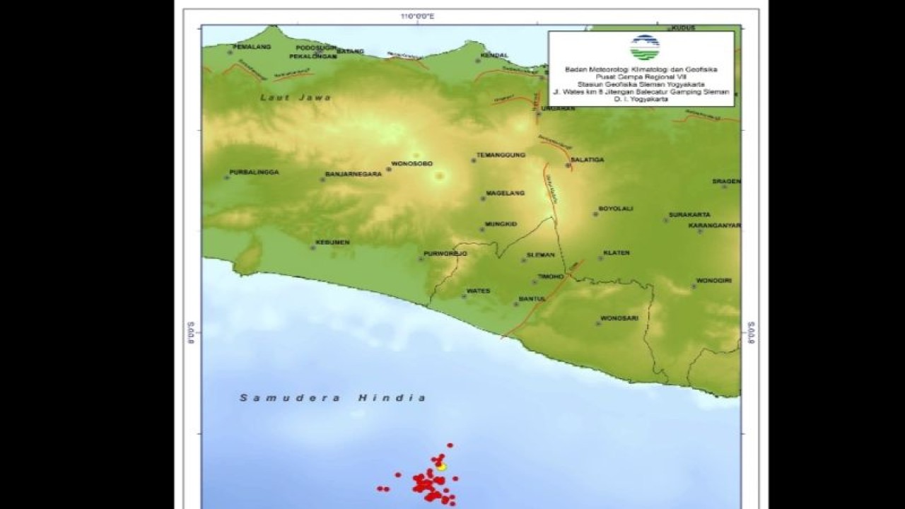 Tangkapan layar pusat gempa susulan di selatan Bantul, Daerah Istimewa Yogyakarta yang dirilis BMKG, Minggu (2/7/2023). (ANTARA/HO-BMKG)
