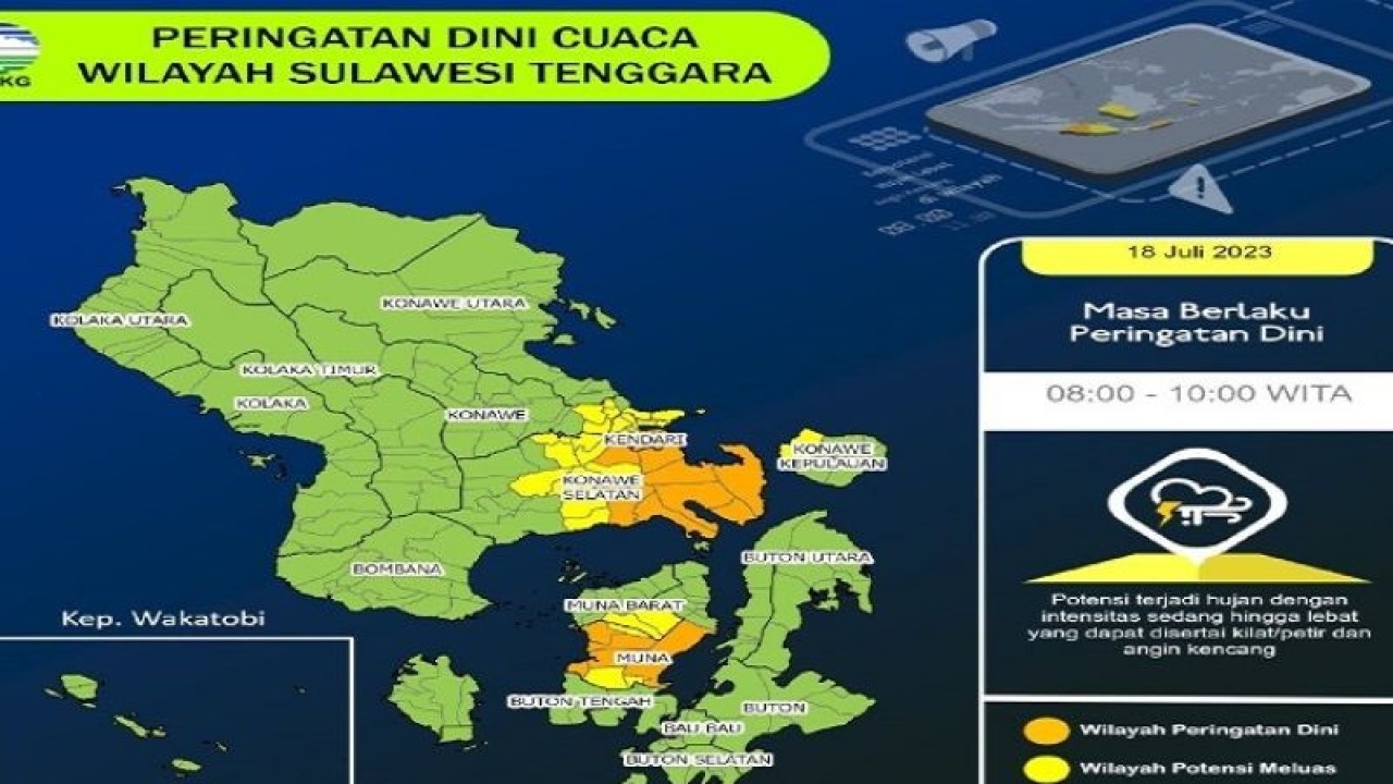 BMKG Kendari sebut sekitar pukul 09.10 Wita hingga siang akan terjadi hujan sedang di wilayah Kabupaten Konawe dan sekitarnya. (Foto ANTARA-BMKG Kendari)