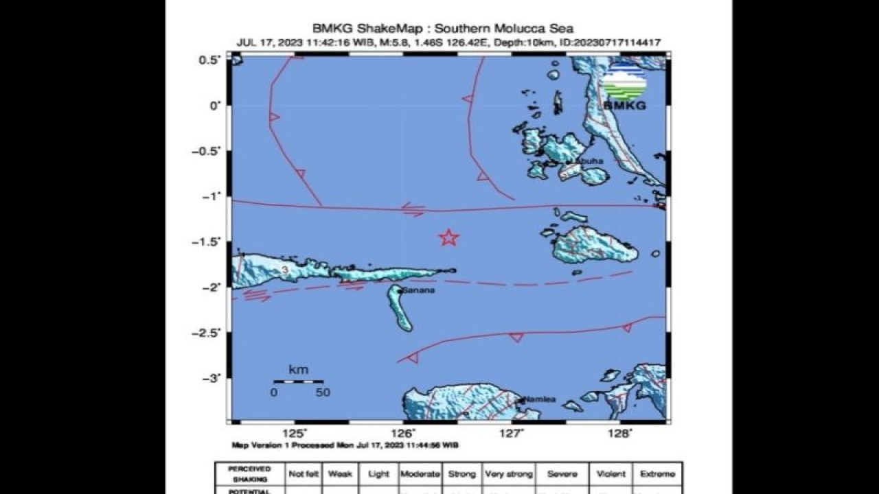 Peta pusat gempa berlokasi di laut magnitudo 5,8 di wilayah timur laut Sanana, Kepulauan Sula, Maluku Utara, Senin (17/7/2023). (FOTO ANTARA/HO-BMKG)