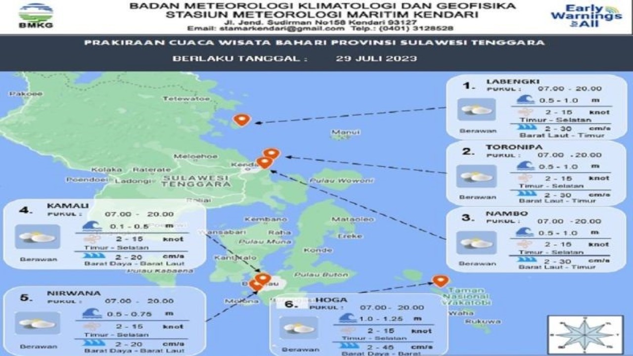 Badan Meteorologi, Klimatologi, dan Geofisika (BMKG) Kendari Sulawesi Tenggara mengingatkan bagi pengguna jasa angkutan laut tetap berhati-hati karena gelombang laut di sejumlah perairan laut di Sultra mencapai 1,5 hingga 2 meter terjadi di perairan Wakatobi dan Laut Banda. (Foto ANTARA/HO-BMKG Kendari)