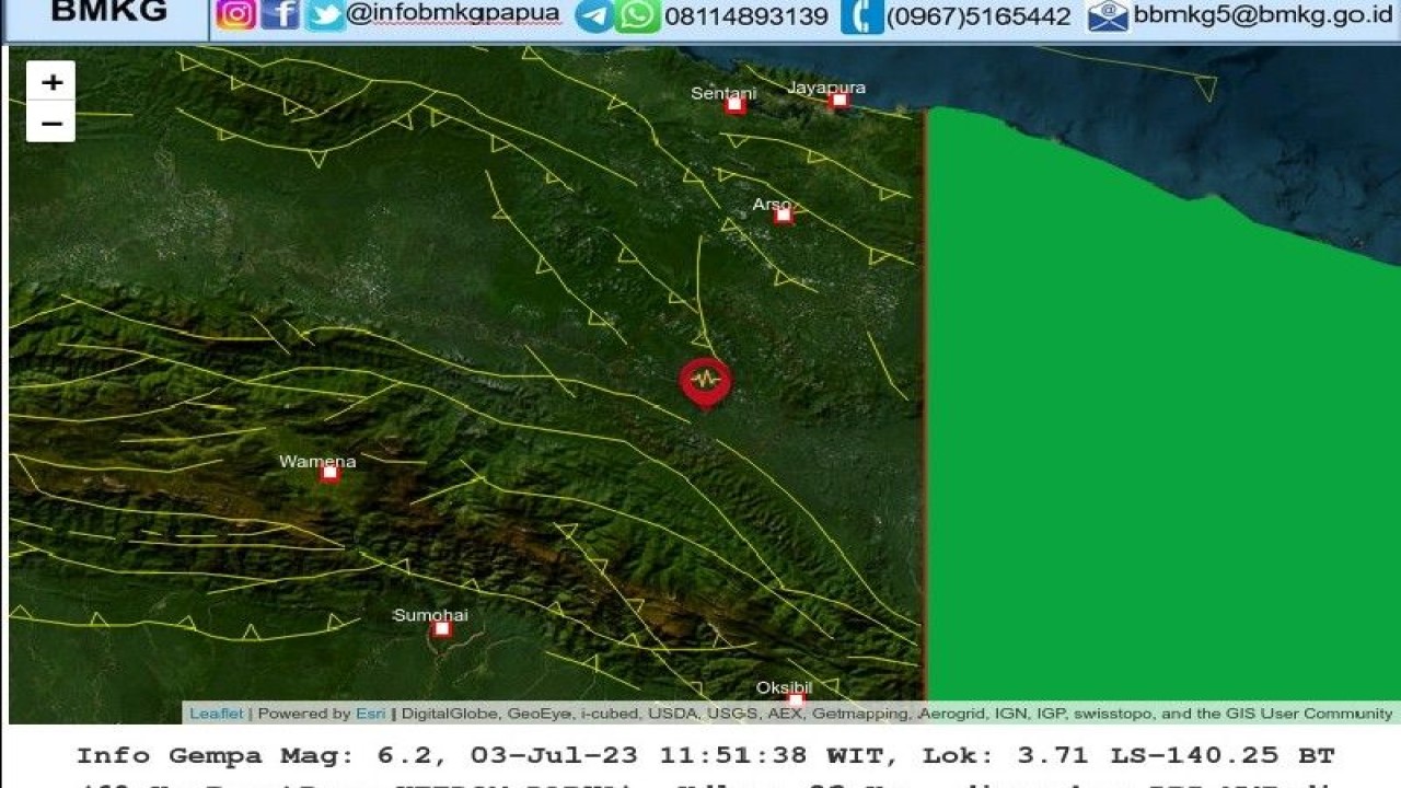 Data gempa berkekuatan 6,2 magnitudo yang terjadi Senin (3/7) dengan pusat gempa sekitar Kabupaten Keerom, Papua. (ANTARA/HO/BMKG V Jayapura)