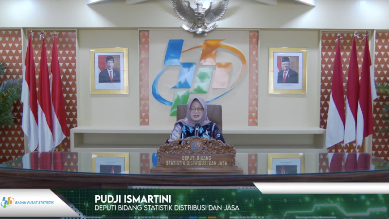 Deputi Bidang Statistik Distribusi dan Jasa BPS Pudji Ismartini memberikan pemaparan dalam Rilis Perkembangan Indeks Harga Konsumen Juni 2023 yang dipantau secara daring di Jakarta, Senin (3/7/2023). (ANTARA/Imamatul Silfia)