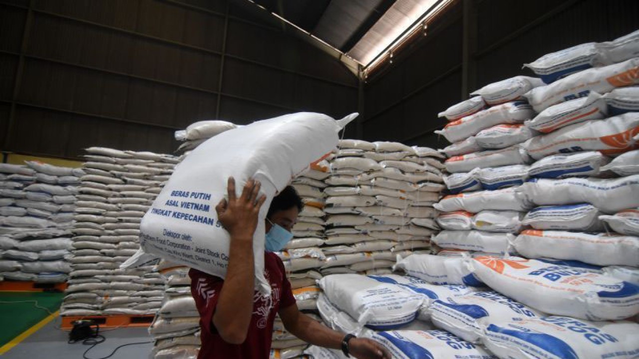 Para pekerja saat memindahkan stok beras di salah satu gudang distributor Kota Pangkalpinang, Babel. ANTARA