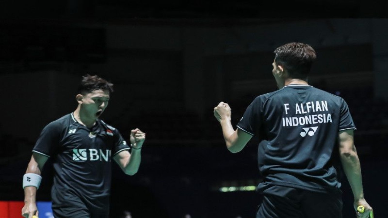 Ganda putra Fajar Alfian/Muhamamd Rian Ardianto saat berlaga pada babak perempat final Korea Open 2023 di Yeosu, Jumat. (ANTARA/HO-PP PBSI)
