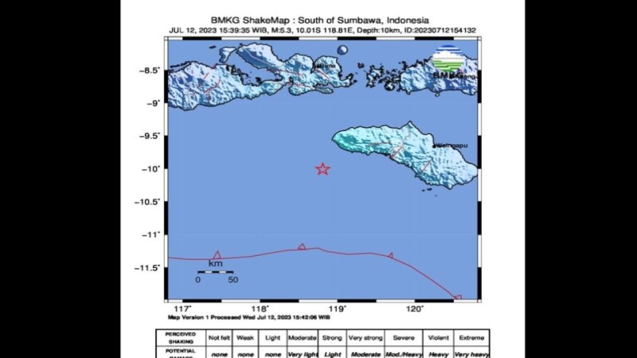Peta pusat gempa berlokasi di laut dengan magnitudo 5,3 di wilayah Kodi, Sumba Barat Daya, NTT, Rabu (12/7/2023). (ANTARA/HO-BMKG)
