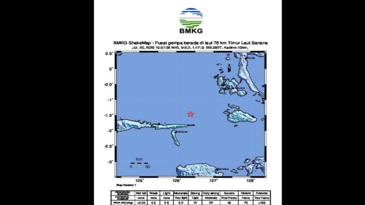 Peta pusat gempa berlokasi di laut magnitudo 5,2 di wilayah timur laut Sanana, Kepulauan Sula, Maluku Utara, Kamis (20/7/2023). (ANTARA/HO-BMKG)