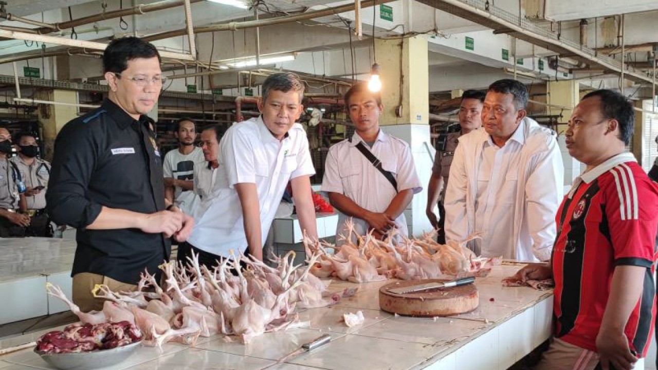 Anggota Komisi Komunikasi dan Edukasi BPKN Heru Sutadi saat grebek pasar untuk melakukan survei kebutuhan pokok konsumen di Pasar Kramat Jati, Jakarta Timur, Rabu (12/7/2023). ANTARA/Syaiful Hakim