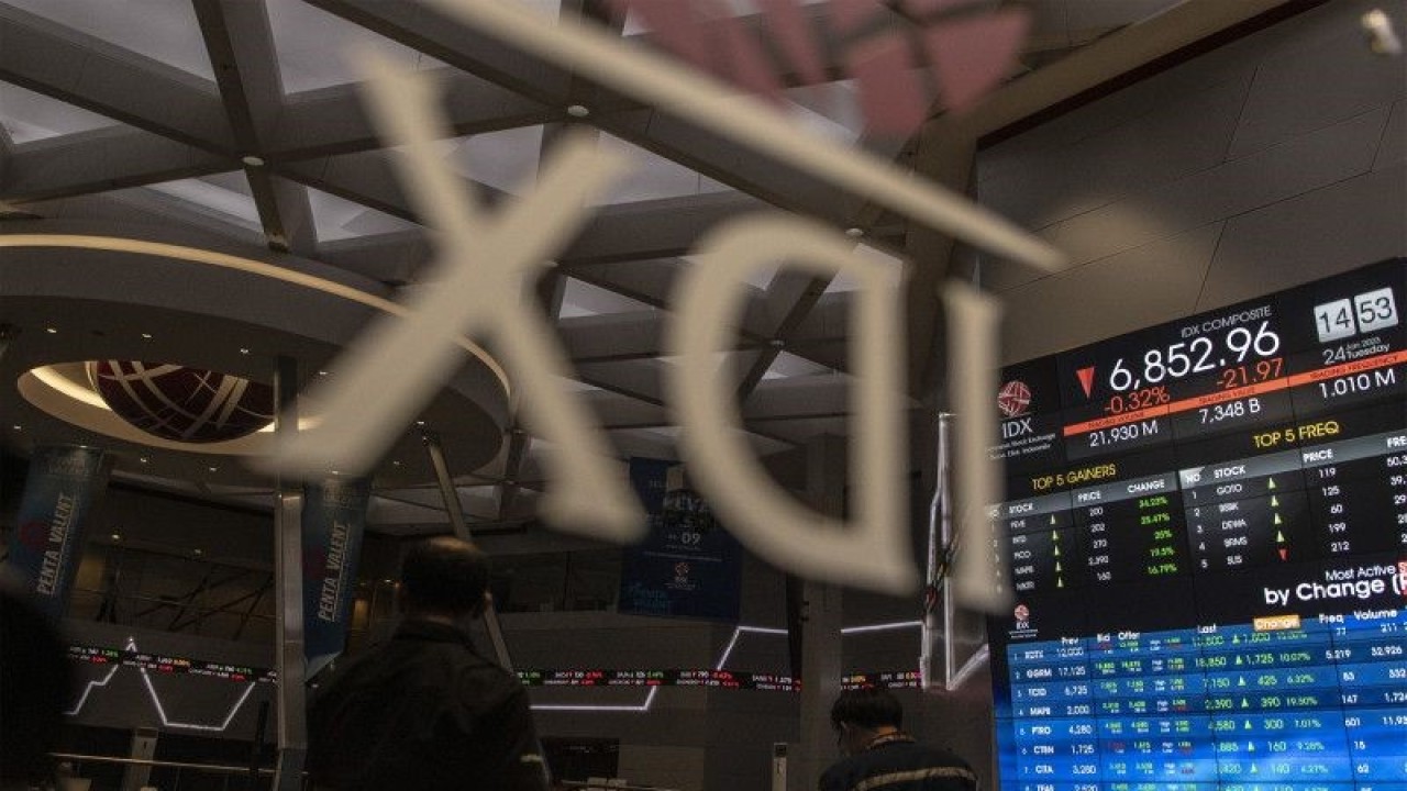 Karyawan melintas di depan layar monitor pergerakan Indeks Harga Saham Gabungan (IHSG) di Bursa Efek Indonesia, Jakarta, Selasa (24/1/2023). ANTARA FOTO/Muhammad Adimaja/aww.