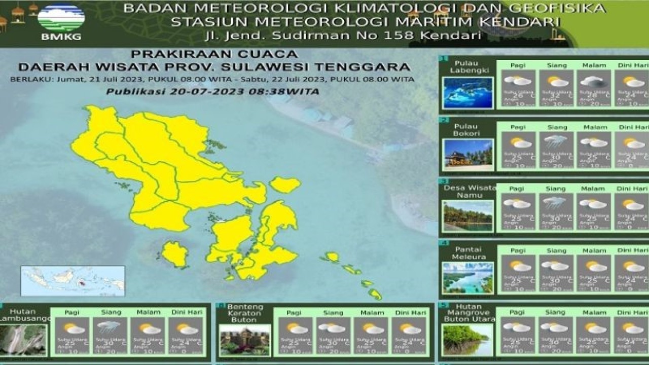 Infografis kondisi cuaca cerah berawan di Sultra dikeluarkan BMKG Kendari, Kamis (20/7/2023). (ANTARA/HO-BMKG Kendari)