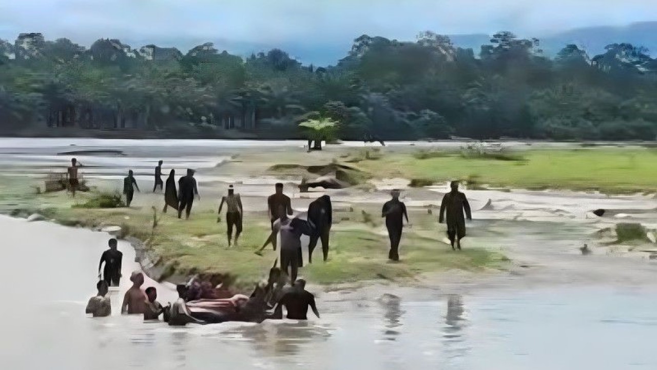 Tim gabungan bersama masyarakat mengevakuasi seorang korban tenggelam yang ditemukan meninggal dunia, di daerah aliran sungai (DAS) Krueng Meureubo di kawasan Desa Lhok Guci, Kecamatan Pante Ceureumen, Kabupaten Aceh Barat, Ahad (2/7/2023). (ANTARA/HO-Dok. BPBD Aceh Barat)