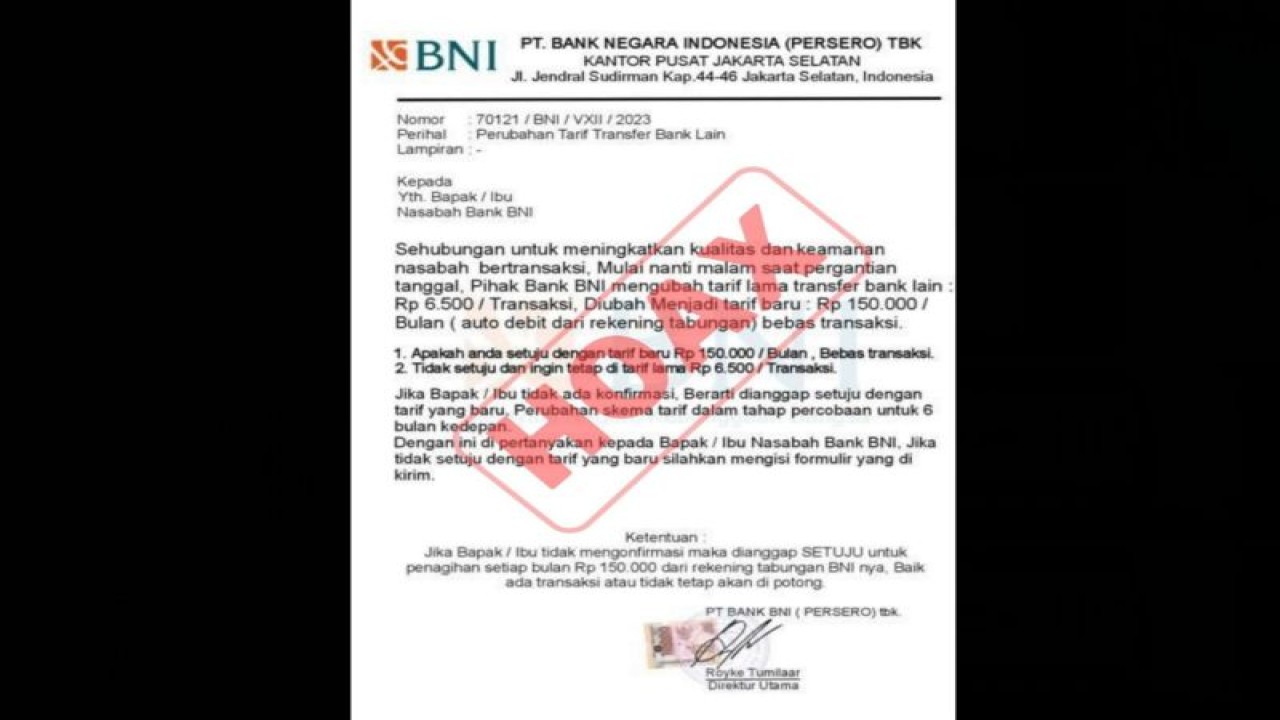 Penipuan online dengan modus kenaikan biaya transaksi yang mengatasnamakan BNI. (BNI)