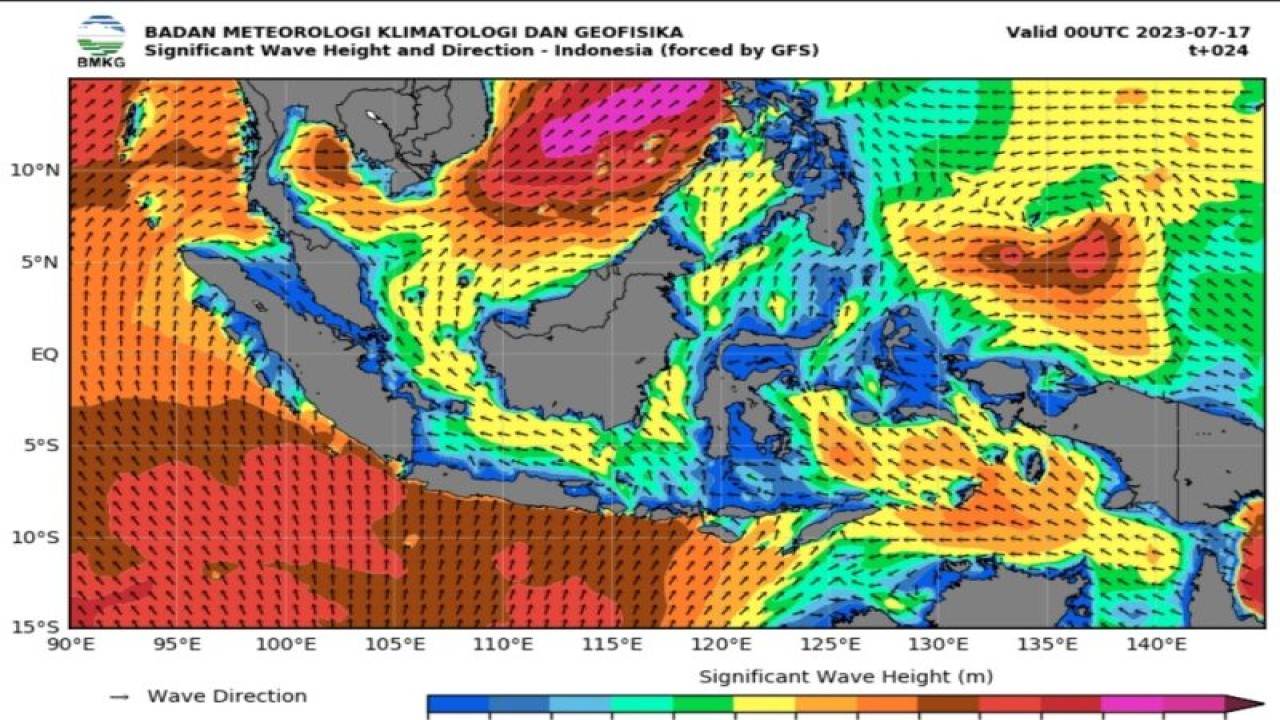 Peta potensi gelombang tinggi yang dirilis Badan Meteorologi Klimatologi, dan Geofisika (BMKG) pada Selasa (18/7/2023). (ANTARA/HO-BMKG)