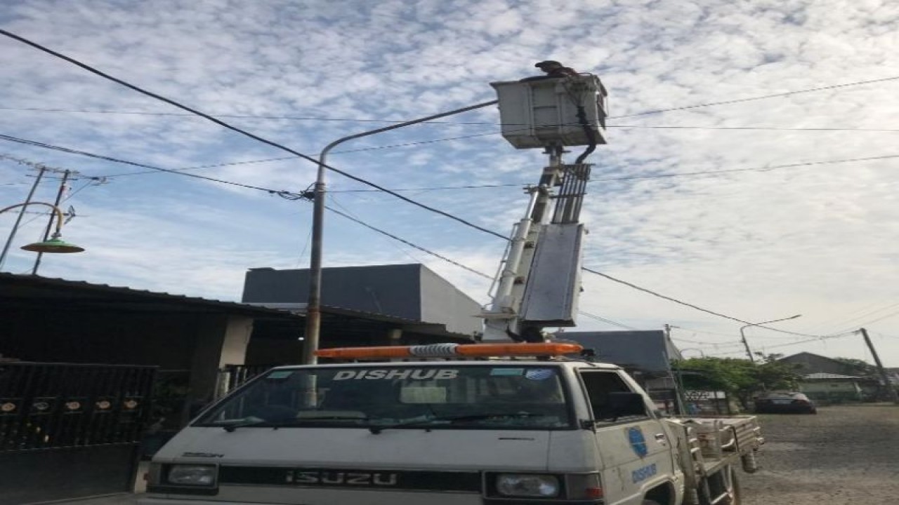 Petugas Dinas Perhubungan Kota Pekalongan sedang melakukan pemeliharaan lampu penerangan jalan umum, Rabu (5/7/2023). (ANTARA/HO-Humas Kota Pekalongan)