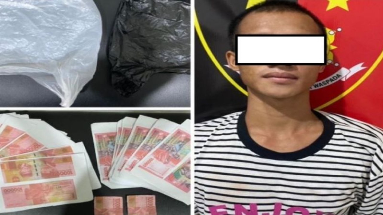 Pelaku tindak pidana kepemilikan uang Rupiah palsu, AR (24), serta barang bukti telah diamankan Polres Hulu Sungai Selatan, Kandangan, Kalimantan Selatan, Sabtu (22/7/2023). (ANTARA/HO-POLRES HSS)