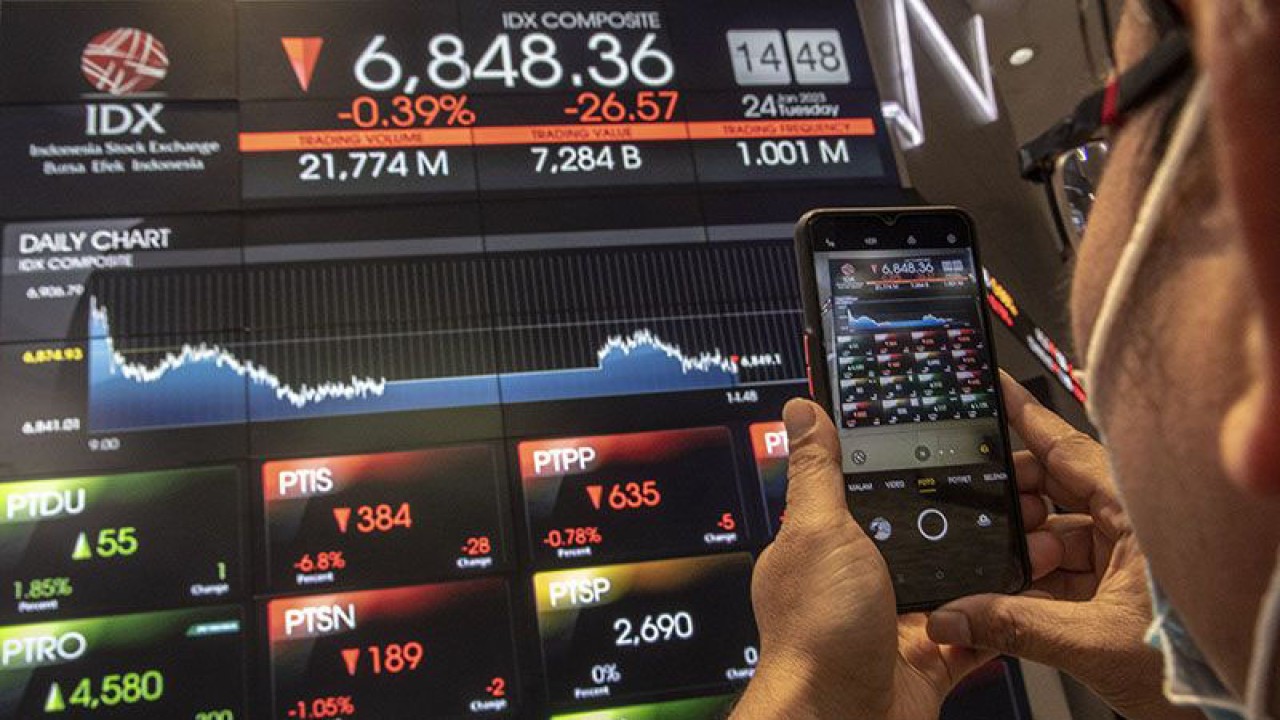 Arsip foto - Karyawan mengambil gambar menggunakan ponselnya layar yang menunjukkan pergerakan Indeks Harga Saham Gabungan (IHSG) di Bursa Efek Indonesia, Jakarta, Selasa (24/1/2023). ANTARA FOTO/Muhammad Adimaja/aww. (ANTARA FOTO/MUHAMMAD ADIMAJA)
