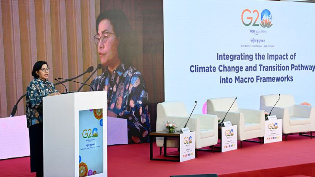 Menteri Keuangan (Menkeu) Sri Mulyani dalam High Level G20 India Side-event: Seminar Achieving Growth-Friendly Climate Action and Financing for Emerging and Developing Economies di India, Minggu (16/7/2023). ANTARA/HO-Kementerian Keuangan