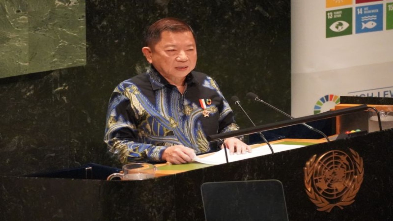 Kepala Badan Perencanaan Pembangunan Nasional/Menteri Perencanaan Pembangunan Nasional Suharso Monoarfa dalam High-Level Political Forum (HLPF) on Sustainable Development Tahun 2023/High-Level Segment 2023 (HLS) United Nations Economic and Social Council di Markas Besar Perserikatan Bangsa-Bangsa, New York, Amerika Serikat, Senin (17/7/2023). ANTARA/HO-Bappenas