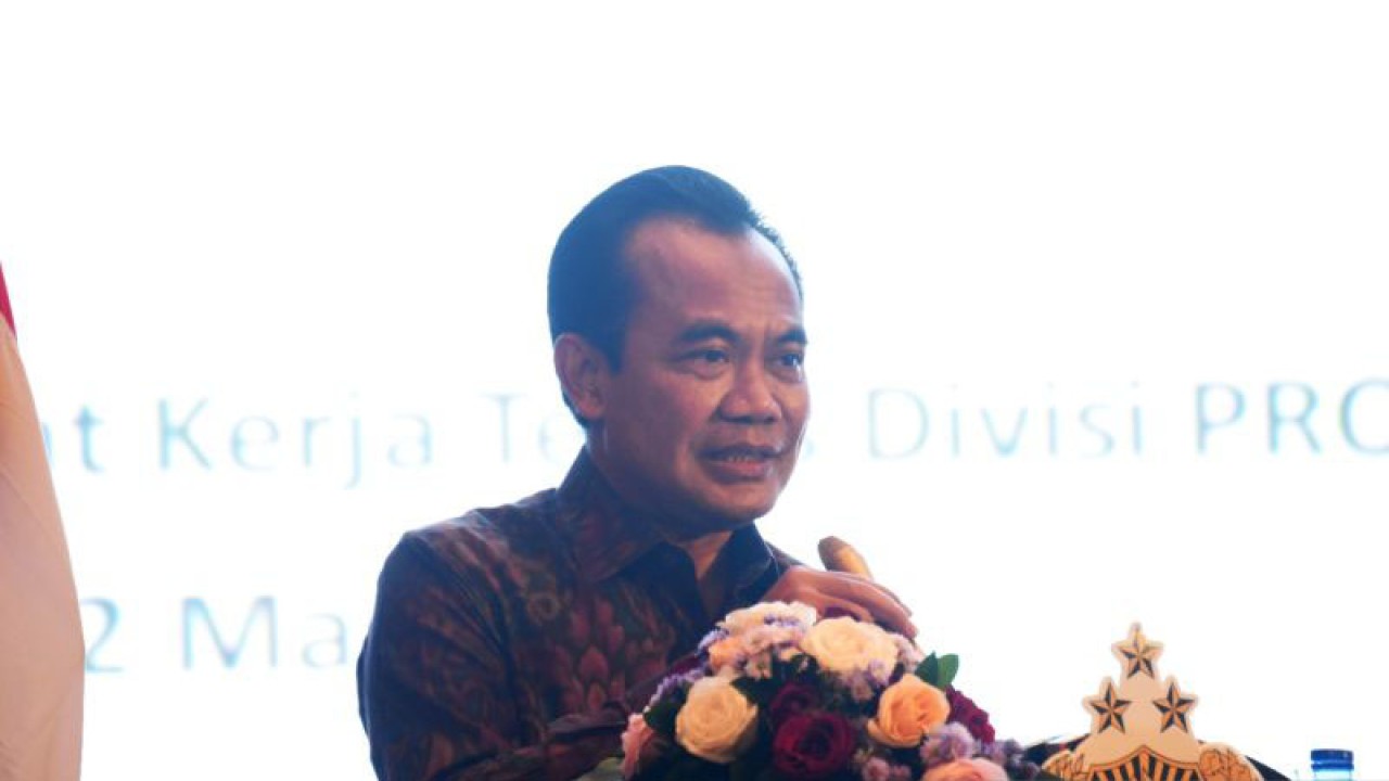 Sekretaris Kementerian Koordinator Bidang Perekonomian Susiwijono Moegiarso dalam Rapat Kerja Teknis Propam Polri 2023, Kamis (2/3/2023). ANTARA/HO-KemenkoEkonomi/pri.