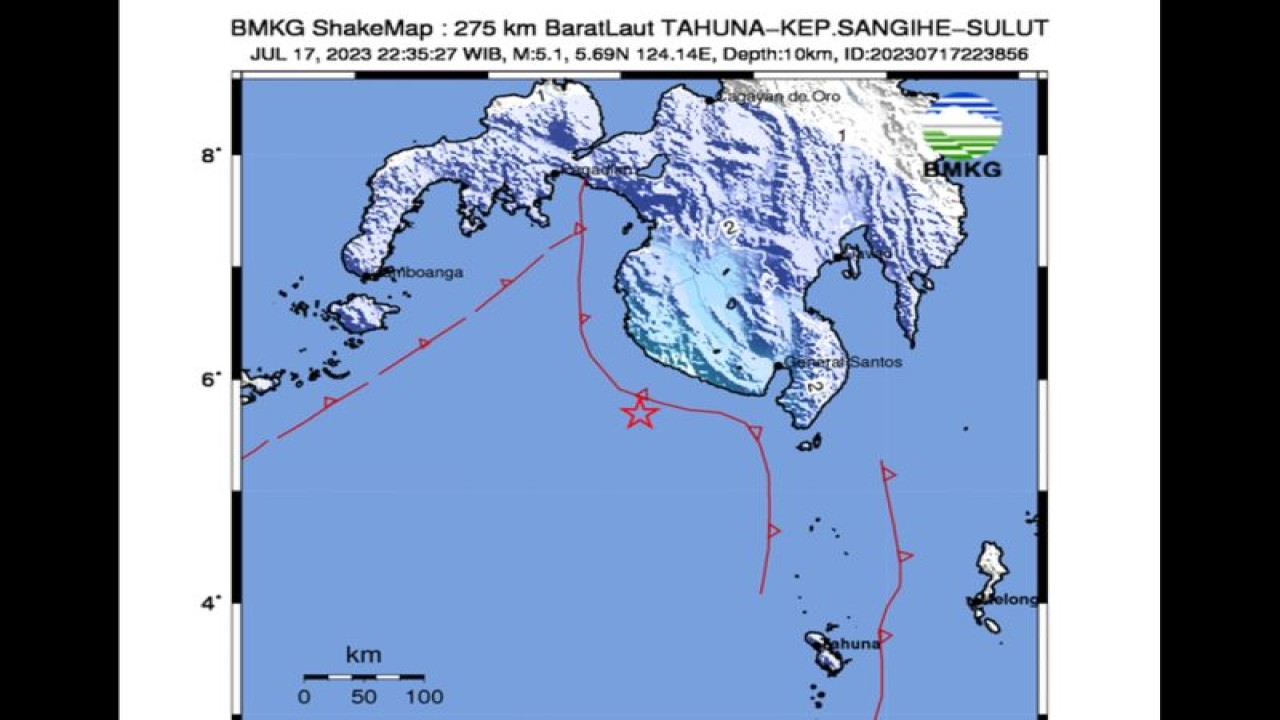 Tangkapan layar titik gempa bumi di Kepulauan Sangihe, Sulawesi pada Senin (17/7/2023). ANTARA/bmkg.go.id