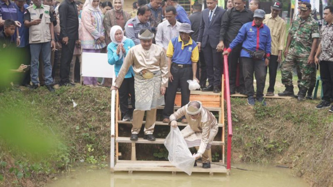 Gubernur Sumsel Herman Deru meresmikan kampung budi daya ikan gabus di Kabupaten OKU, Senin. (ANTARA/Edo Purmana/Arsip)