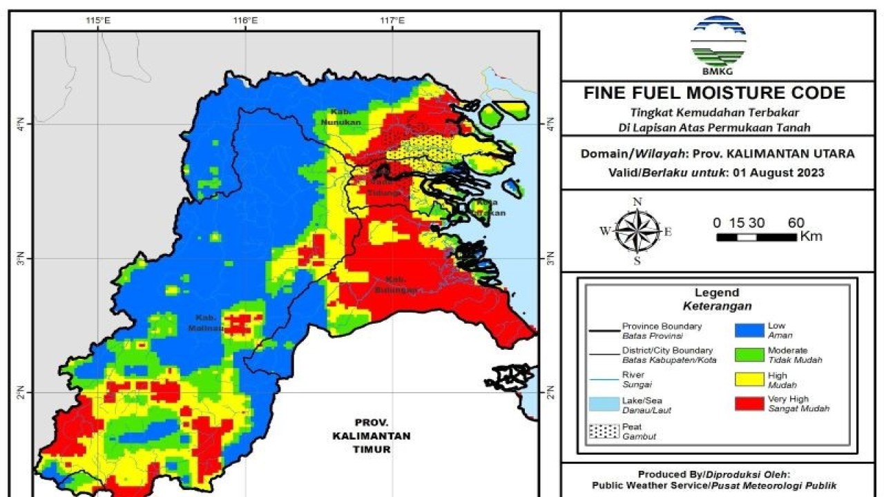 Peta tingkat kemudahan terbakar di lapisan atas permukaan tanah di wilayah Kalimantan Utara yang berlaku hingga 1 Agustus 2023. (ANTARA/HO BMKG Tanjung Harapan)