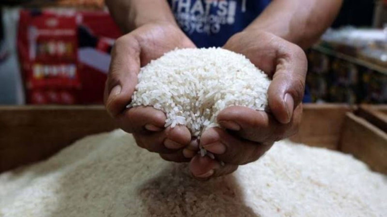 Pedagang sembako di pasar tradisional Grogolan, Kota Pekalongan memperlihatkan ketersediaan beras untuk masyarakat di Pekalongan, Sabtu (26/8/2023). ANTARA/HO-Humas Kota Pekalongan