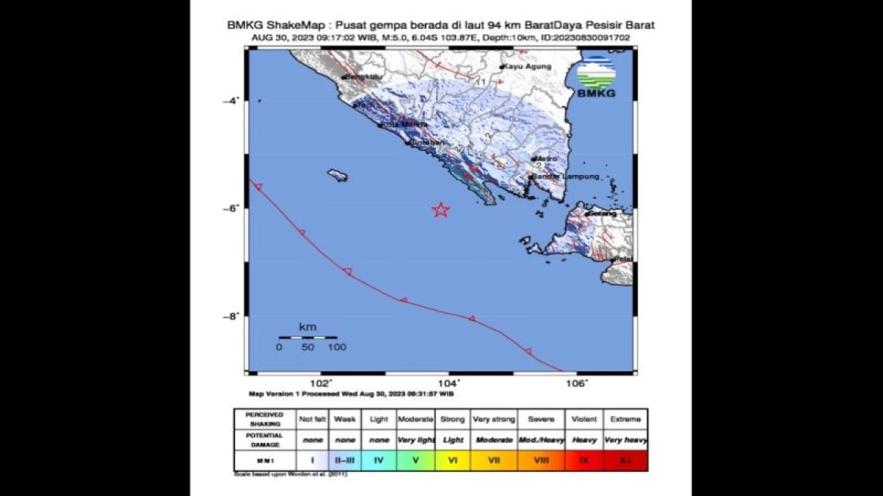 Tangkapan layar - Peta pusat gempa M5,0 di wilayah di wilayah pantai barat Sumatera, Kabupaten Pesisir Barat, Lampung, Rabu (30/8/2023). (ANTARA/HO-BMKG)