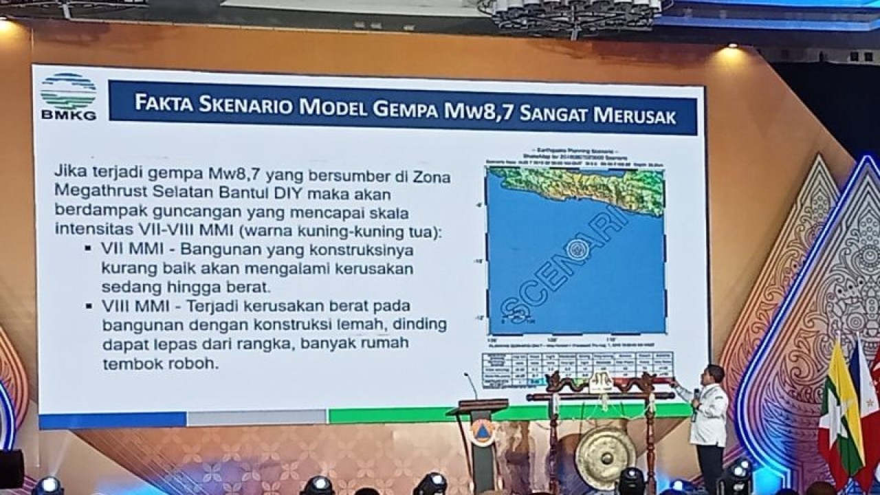 Kepala Pusat Gempa Bumi dan Tsunami BMKG Daryono memaparkan potensi kejadian gempa bumi di Daerah Istimewa Yogyakarta pada pembukaan pelatihan penanggulangan bencana ASEAN 2023 di Kota Yogyakarta, Selasa (1/8/2023). (ANTARA/Hery Sidik)