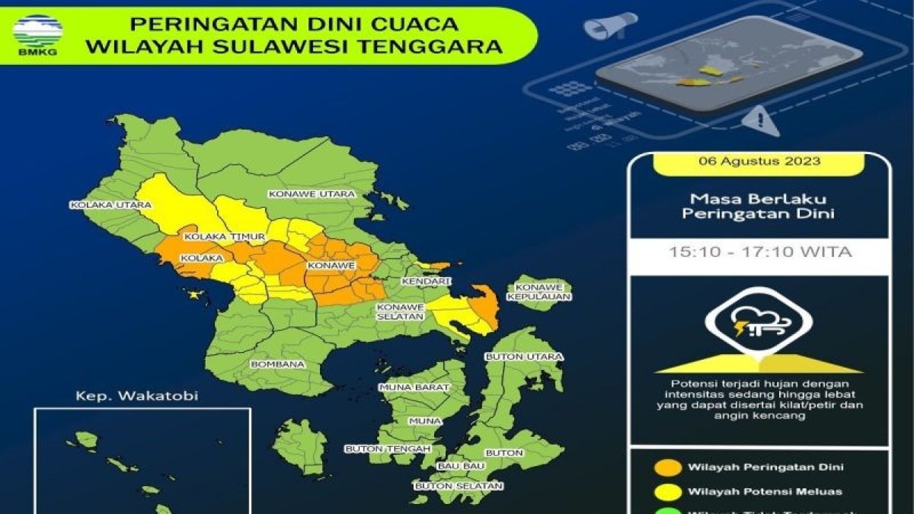 BMKG Kendari menyebut cuaca wilayah Sulawesi Tenggara (Sultra) pada pagi hingga siang hari umumnya cerah berawan walaupun ada beberapa daerah yang berpotensi hujan ringan. ANTARA/HO-BMKG Kendari