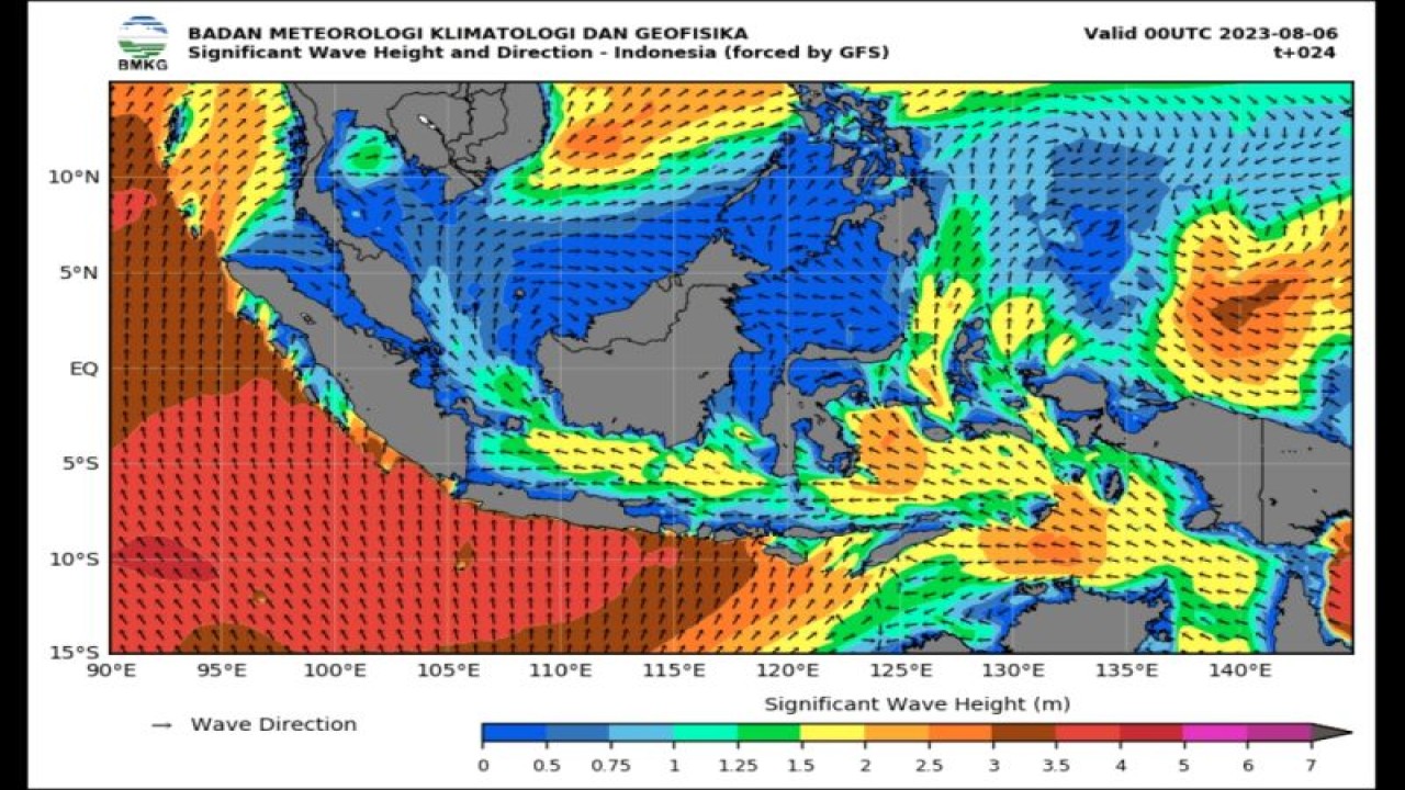Peta potensi gelombang tinggi yang dirilis Badan Meteorologi Klimatologi, dan Geofisika (BMKG) pada Minggu (6/8/2023). (ANTARA/HO-BMKG)