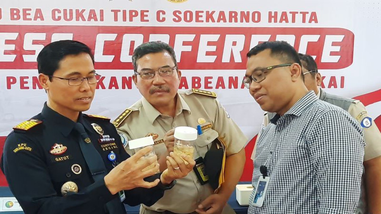 Kepala Kantor Bea Cukai Soetta, Gatot Sugeng Wibowo saat menunjukkan barang bukti atas ungkap kasus penyelundupan benih lobster. ANTARA/Azmi Samsul Maarif