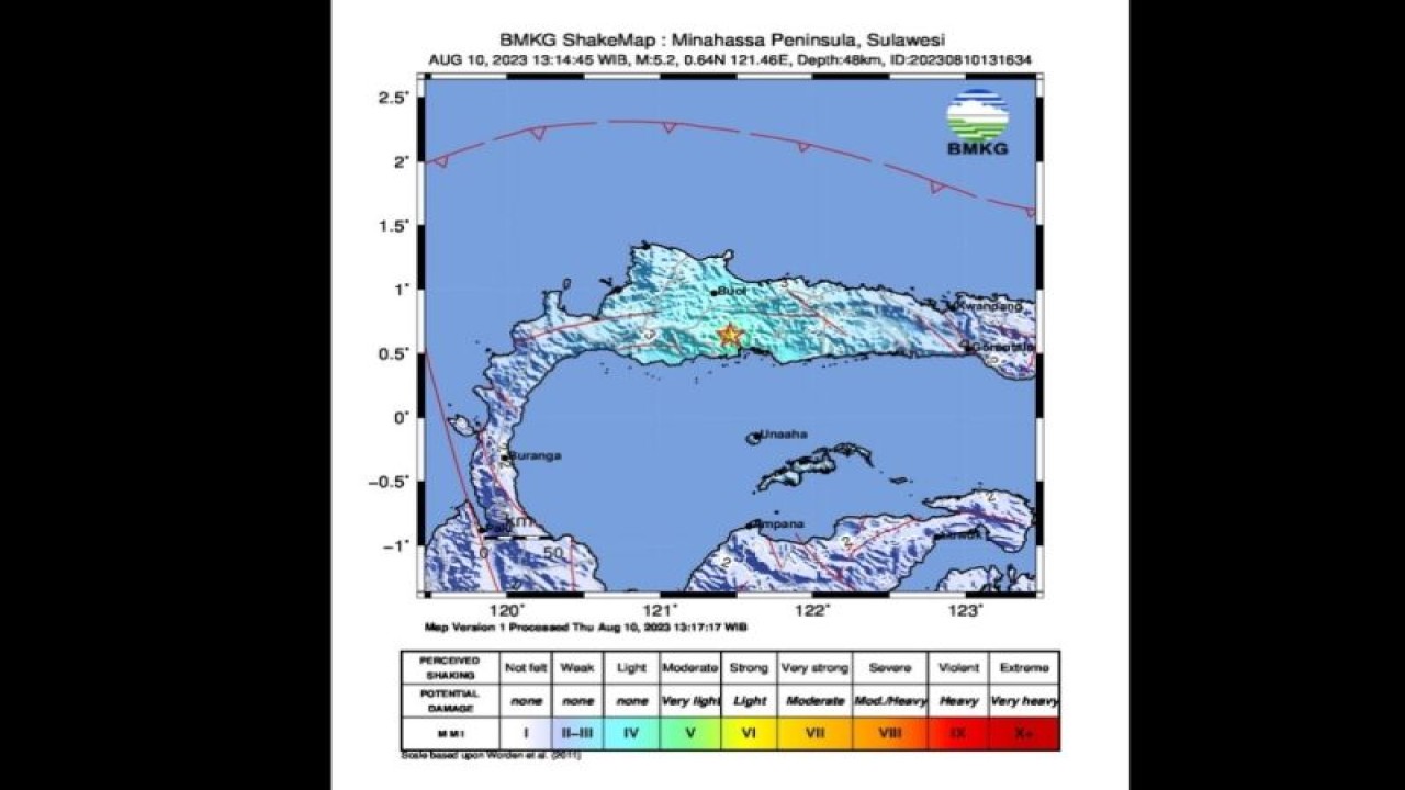 Peta pusat gempa berlokasi di darat dengan magnitudo 5,2 di wilayah Pohuwato, Gorontalo, Kamis (10/8/2023). (ANTARA/HO-BMKG)